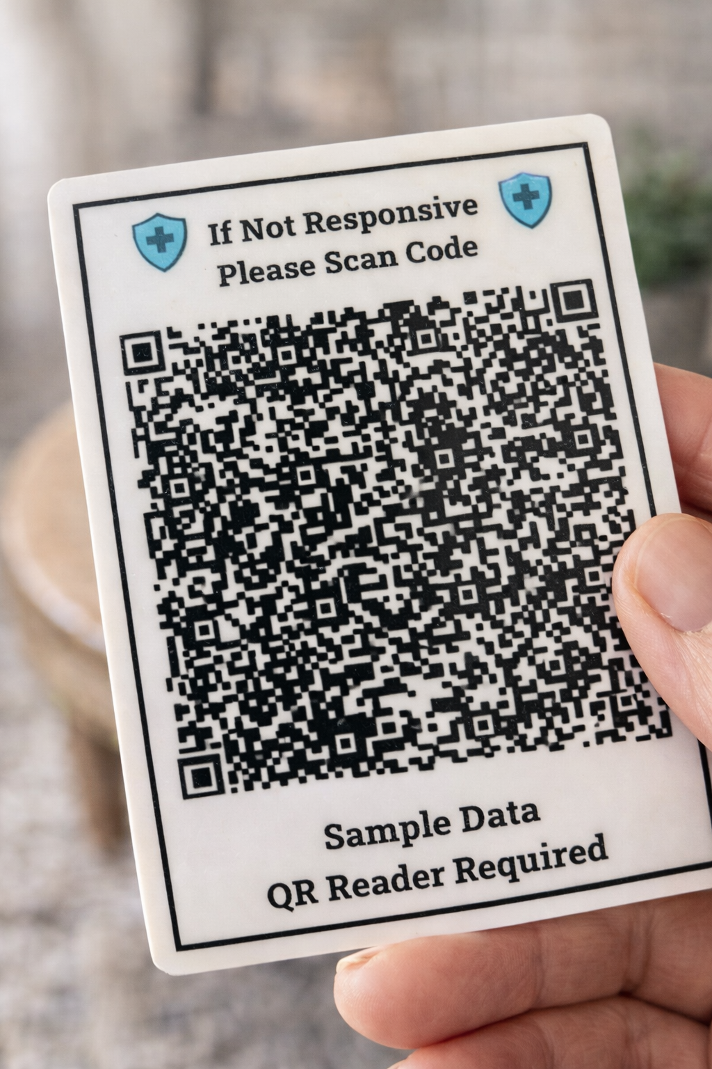A Medi-QR card or badge being held